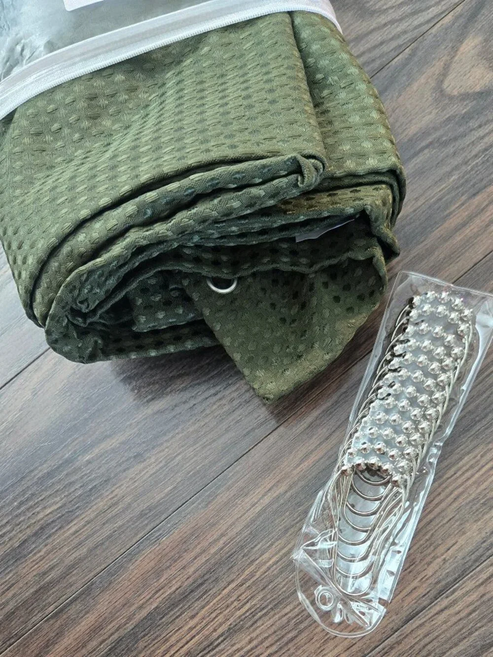Traditional Style Woven Polyester Forest Green Shower Curtain w/ Hooks NWT